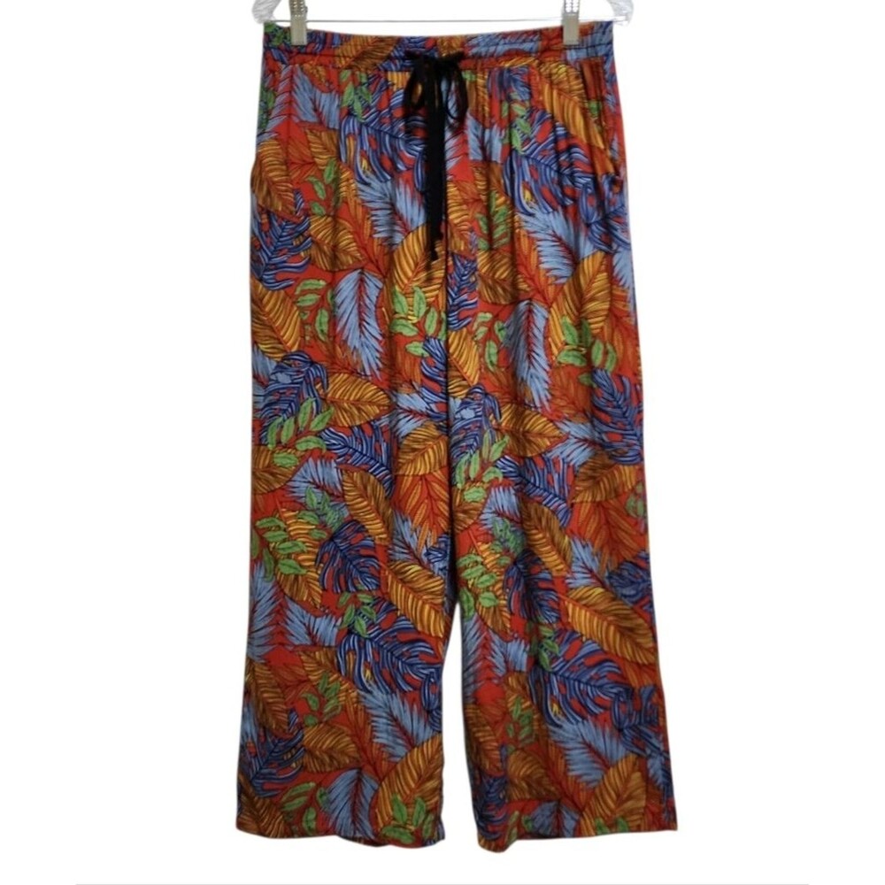 Hazel Womens Multicolor Tropical Wide Leg Crop Drawstring Pants L Pockets Beach